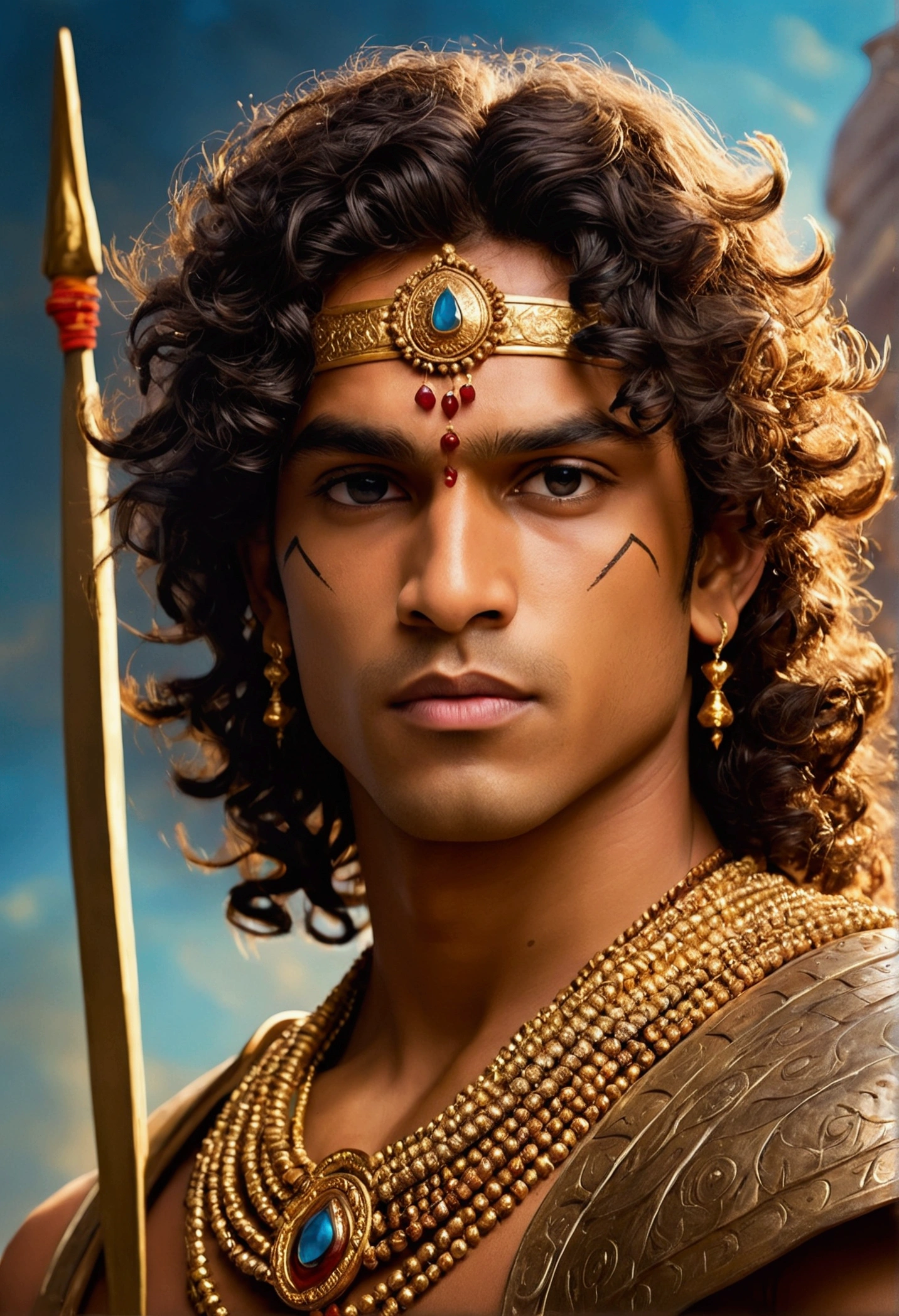 Create an epic, highly detailed image of a young warrior prince inspired by Indian mythology. He has curly, shoulder-length hair and is wearing traditional gold jewelry and armbands. His skin glows with a warm, bronze tone, and he has a distinct divine symbol (Tilak) on his forehead. The prince is depicted aiming a bow with a poised, confident expression. The background features a mystical, ethereal blue light, with a dynamic, painterly style. The character's appearance is youthful but strong, embodying both grace and power, with a focus on rich colors and intricate details.