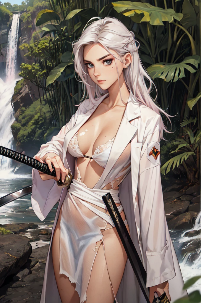 (lifelike, high - resolution:1.3), 1 girl with a perfect body,slender body, Super fine face and eyes,assasin, dark makeup, shiny skin,white hair,((torn and ripped jungle clothes underneath lab coat), Expose cleavage, extravagant makeup, pink eyeshadow, dark makeup shocked expression, shiny skin, action pose, extravagant makeup, leopard print, lab coat, savage lands, feral lands, (waterfall, soaked), grey blue eyes, (disheveled hair), (((wielding katana)))