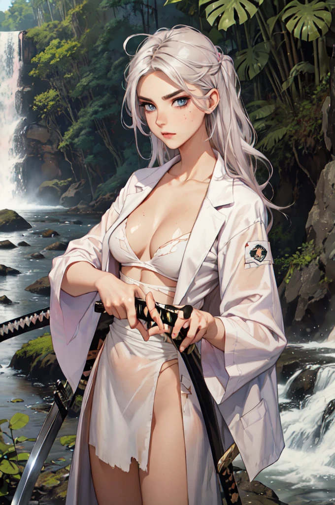 (lifelike, high - resolution:1.3), 1 girl with a perfect body,slender body, Super fine face and eyes,assasin, dark makeup, shiny skin,white hair,((torn and ripped jungle clothes underneath lab coat), Expose cleavage, extravagant makeup, pink eyeshadow, dark makeup shocked expression, shiny skin, action pose, extravagant makeup, leopard print, lab coat, savage lands, feral lands, (waterfall, soaked), grey blue eyes, (disheveled hair), (((wielding katana)))