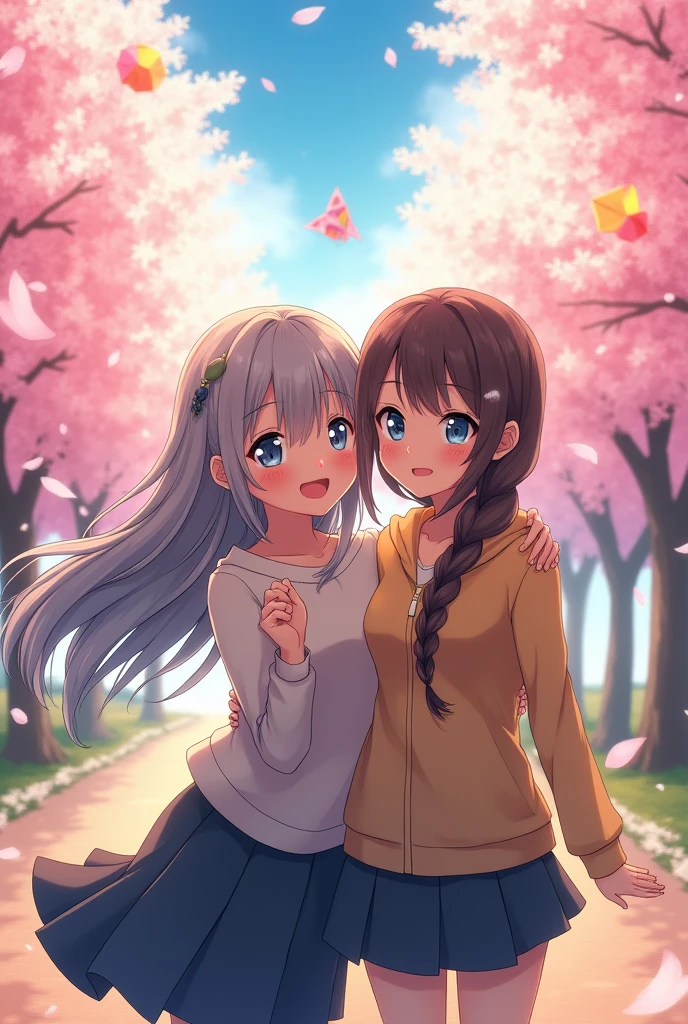 Anime girl with gray hair and blue eyes standing and taking a picture with her friend 