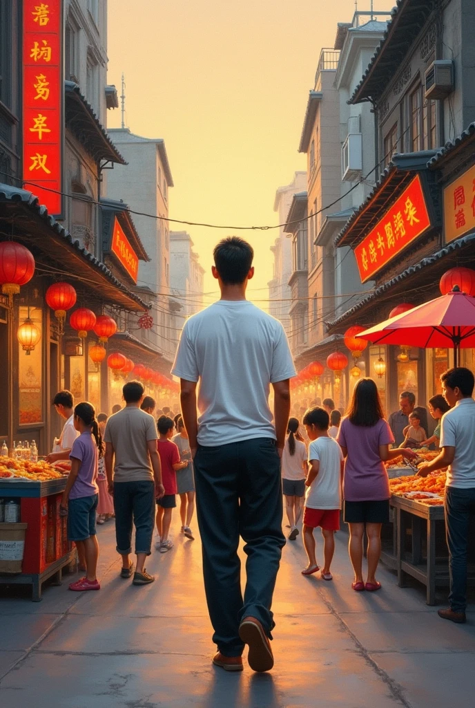 Near big far small composition，Theme: a man walking on the street，The back side is facing，Hands in pockets，There are all kinds of people and occupations on both sides of the street，The man was wearing a white T-shirt and black trousers，Dress modestly，The time is early evening，This picture is in the form of an oil painting.，Men are Chinese