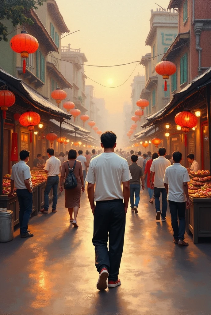 Near big far small composition,Theme: a man walking on the street,The back side is facing,Hands in pockets,There are all kinds of people and occupations on both sides of the street,The man was wearing a white T-shirt and black trousers,Dress modestly,The time is early evening,This picture is in the form of an oil painting.,Men are Chinese