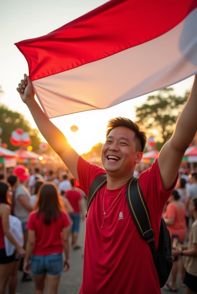 29 year old fat man,korean face,holding the Indonesian red and white flag