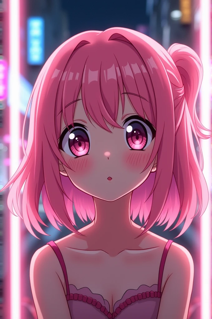 Anime girl analog photography of ahegao, Pastel pink neon lights, Flat Light, (soft saturation:1.2),