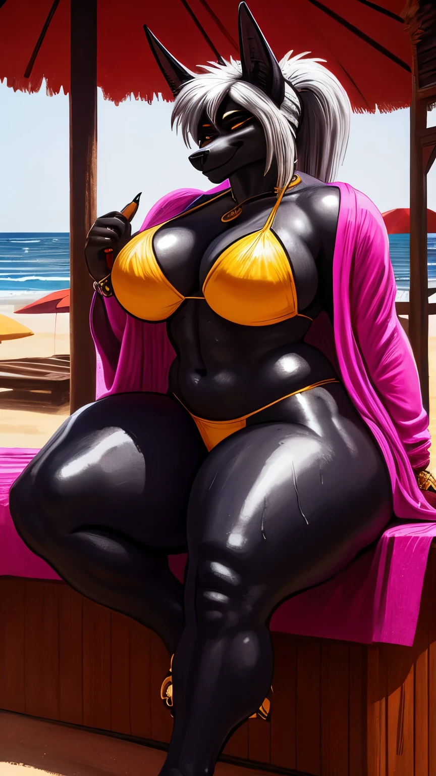 nsfw, uploaded the e621, beautiful and detailed,woman (((female))) ((anthro)) anubis, by sligarthetiger, lighting cinematic, seductor, Female anubis, anubian jackal, thicc, curvy body, , golden latex string bra and panties, (D face:1.1), (perfect aig chest:1.3), thick eyelashes, long eyeslashes.Perfect dynamic composition, (gals:1.2), sweaty body, wet body, a grin,Ponytail,White hair, Thick_thighs thighs thighs thighs, big ass, big , sitting a beach club , wearing an orange bikini and a see through beach robe over it, curvy