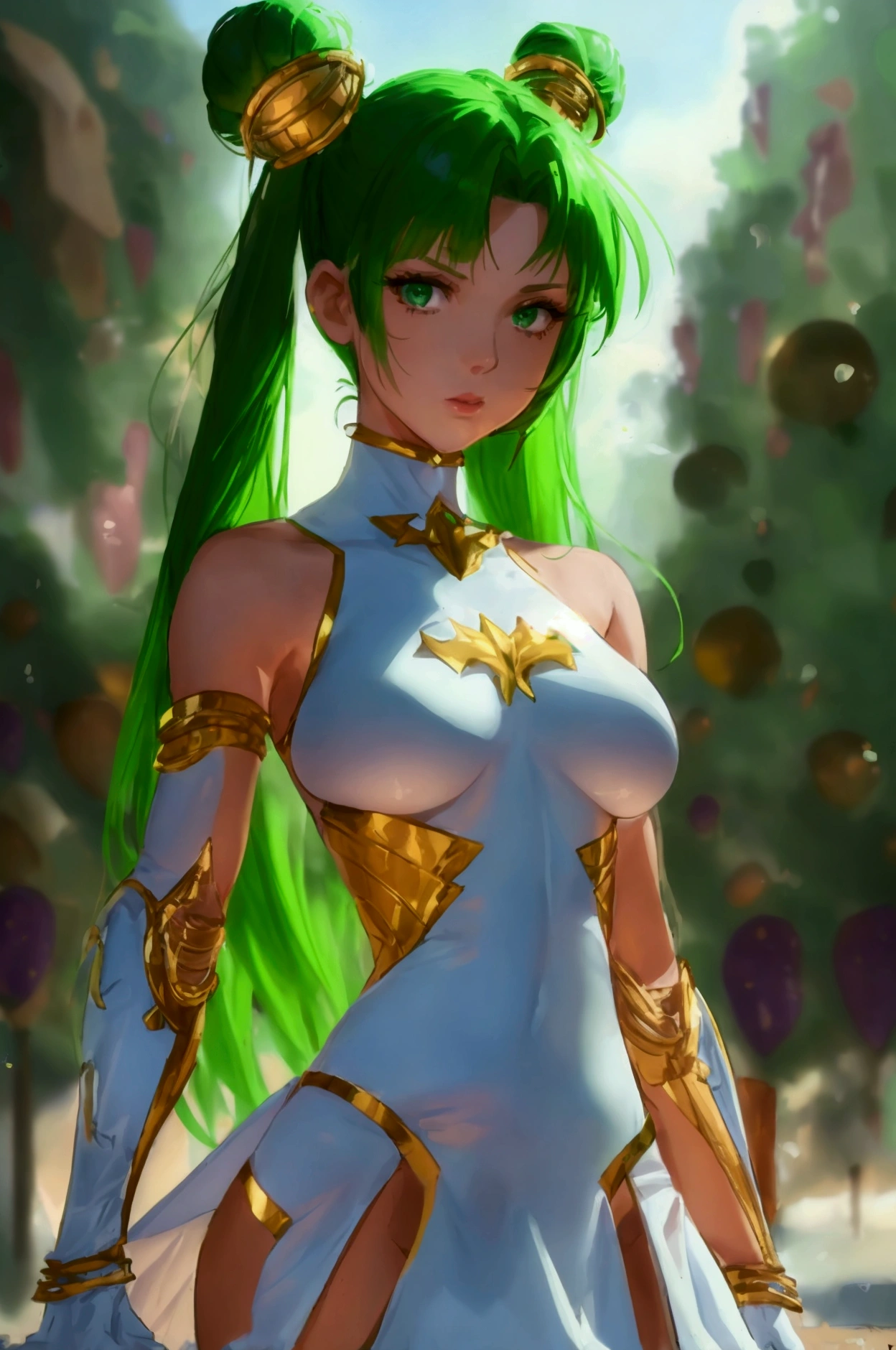 (girl1), (woman1), (Solo portrait of a girl:1.5), (slender body), (structured), (hot), (mature and sexual body), (big ass), (mature and sexual body), (slim body), (physical attributes such as breasts and big ass), (white skin color), (Super mega hyper gigantic breasts:1.5), (with long green hair), (green eyes), (an 18 year old woman, with white socks), (wearing), +, (and a dress sexy, dressed in a heroine costume consisting of a white sleeveless jumpsuit with purple details and a yellow crescent moon on her chest. She also wears purple high boots, white spiked gloves and metal plates on her waist and feet, look. the size of her breasts, they are size AA+), 10k, (anime), best quality, best quality, 16k