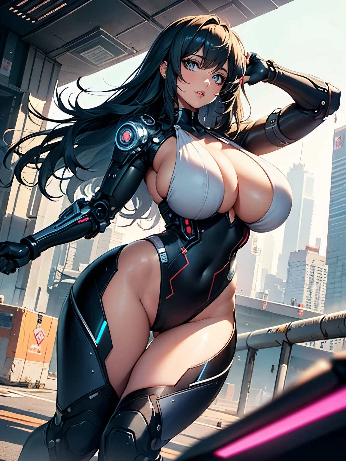 ((seductive anime girl:1.2))、((cyberpunk))、((Futuristic))、((arms behind head:1.3))、Female sexy, Combative posing, fighter, Sexy body lines, Center, large full breasts, Costumes with less fabric area, full body, ((Glossy realistic skin texture:1.2))、((shiny skin:1.2))、((Meticulously drawn hands))、perfect anatomy、masterpiece, ultra-detailliert, 8k, hiquality, Top image quality, Smooth texture、Sharp Focus, watercolor