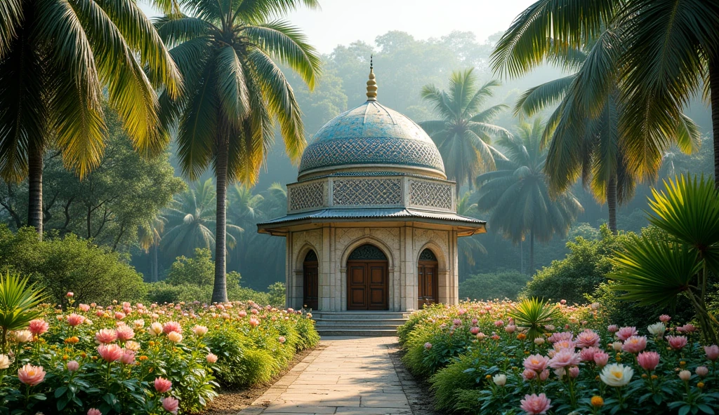 A tiny mosque in the style of Samarkand Uzbek architecture in the middle of an Indonesian coconut forest with a pastel flower garden nearby.