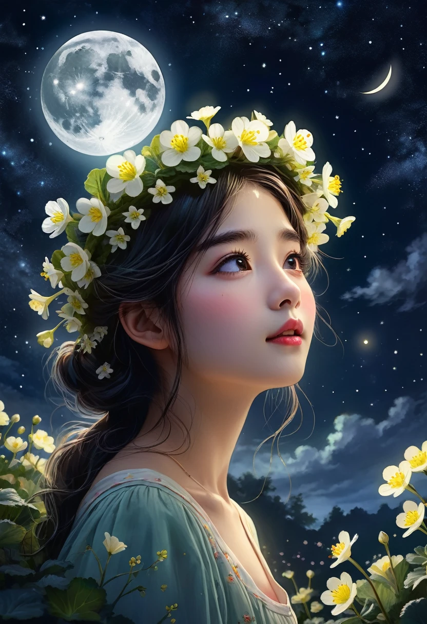 In the moonlight、A girl wearing a crown of evening primroses on her head、Looking up at the night sky。A group of evening primroses surround the girl.、A fantastic space spreads out。An illustration、Dreamy atmosphere