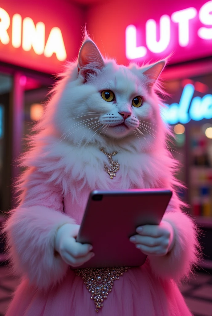 A very beautiful white cat in a fluffy pink dress is holding a tablet. The dress is covered in rhinestones. In the background, there is a neon sign that reads IRINA LUTS.