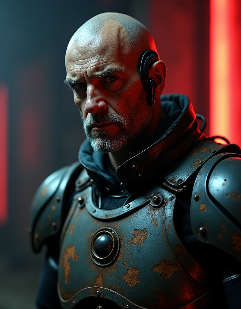Cyberpunk photo, middle-aged man, cyborg, facial implants, muscular body, mechanical body, mechanical arms, mechanical skeleton, rusty armor, neon background, dark background, eye contact, looking at viewer, masterpiece, best quality, perfect detail , perfect face detail, perfect eye detail, perfect skin detail, depth of field, perfect lighting