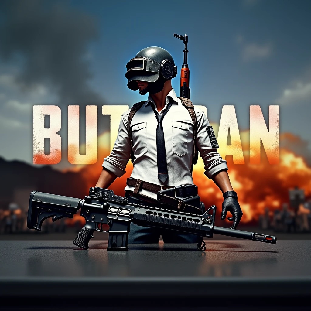 generate logo In the background, there should be a pubg character and there should be an m416 lednik in the case name BUTTSAN