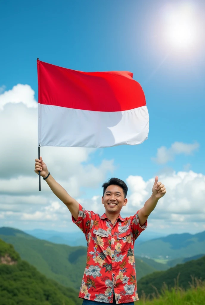 27 year old fat man,korean face,holding the Indonesian red and white flag