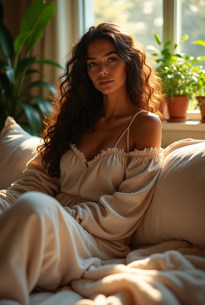 (photorealism:1.2), beautiful woman, sitting on bed, wearing loose off-shoulder top, pajama pants, long curly hair, indoors, soft lighting, plants in background, window with sunlight, cozy room, relaxed pose, realistic, intricate details, warm colors, by Greg Rutkowski, by Alphonse Mucha