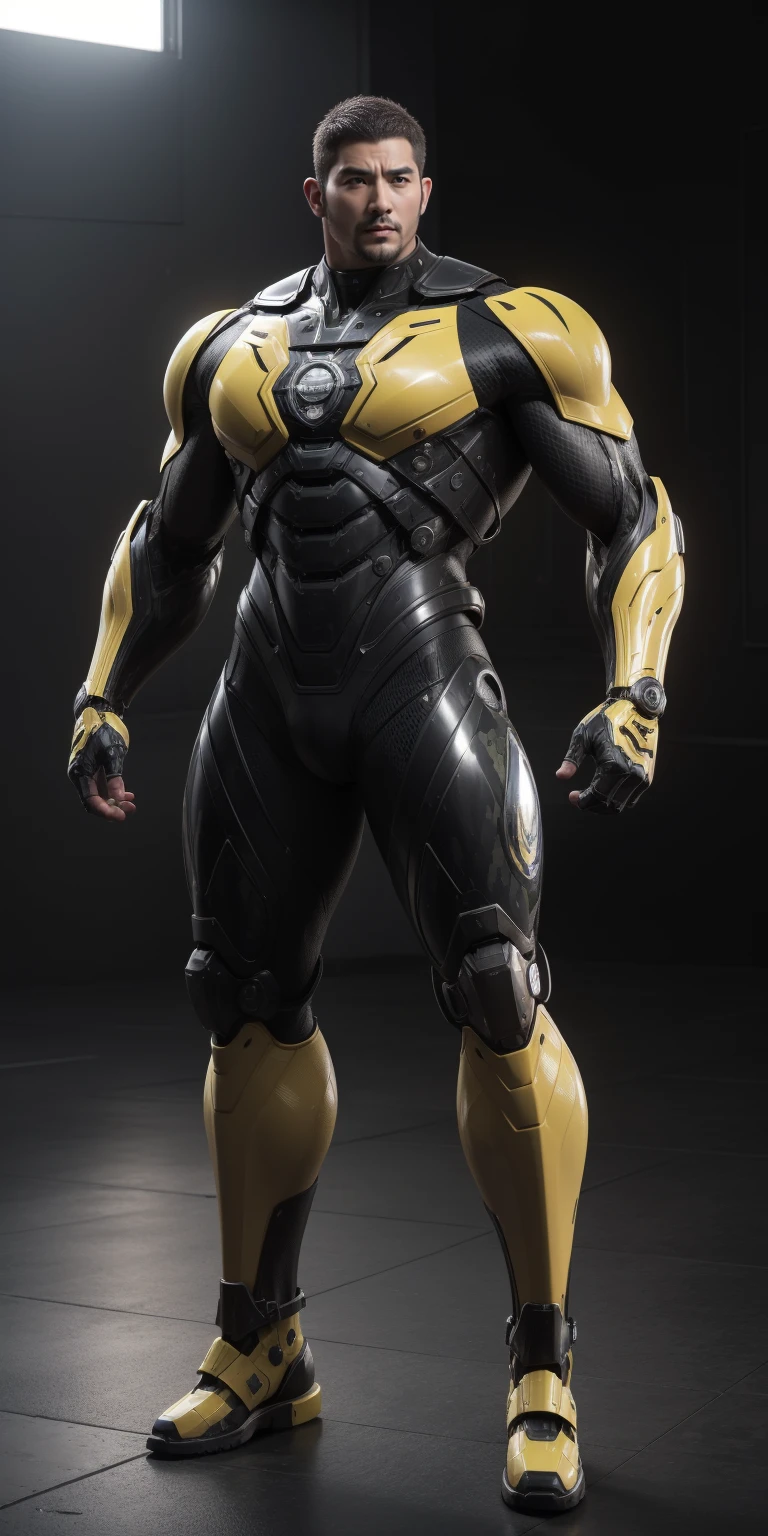 Tall giant muscular police officer，Buzz Cut，Very long legs，Yellow and black camouflage patterned nano mecha，Honeycomb pattern，Lightweight texture，Character Concept（Resident Evil - Chris Redfield，Chris Redfield）senior police officer，Small grid texture，Regular symmetrical texture pattern，Sad expression，Deep and charming eyes，Standing in a bright mechanical laboratory，Emerald Eyes Hero，Heroic male pose，Tall burly，muscular！Attractive leg muscles，High target, Burly, Heqiang，  Super Buff and Coolness， High Resolution Committee， Bigfoot yellow-gray ultra-thin nano-mechanical boots，Charismatic strongman，The bright sunshine shines on you，Matte particles，Shiny texture