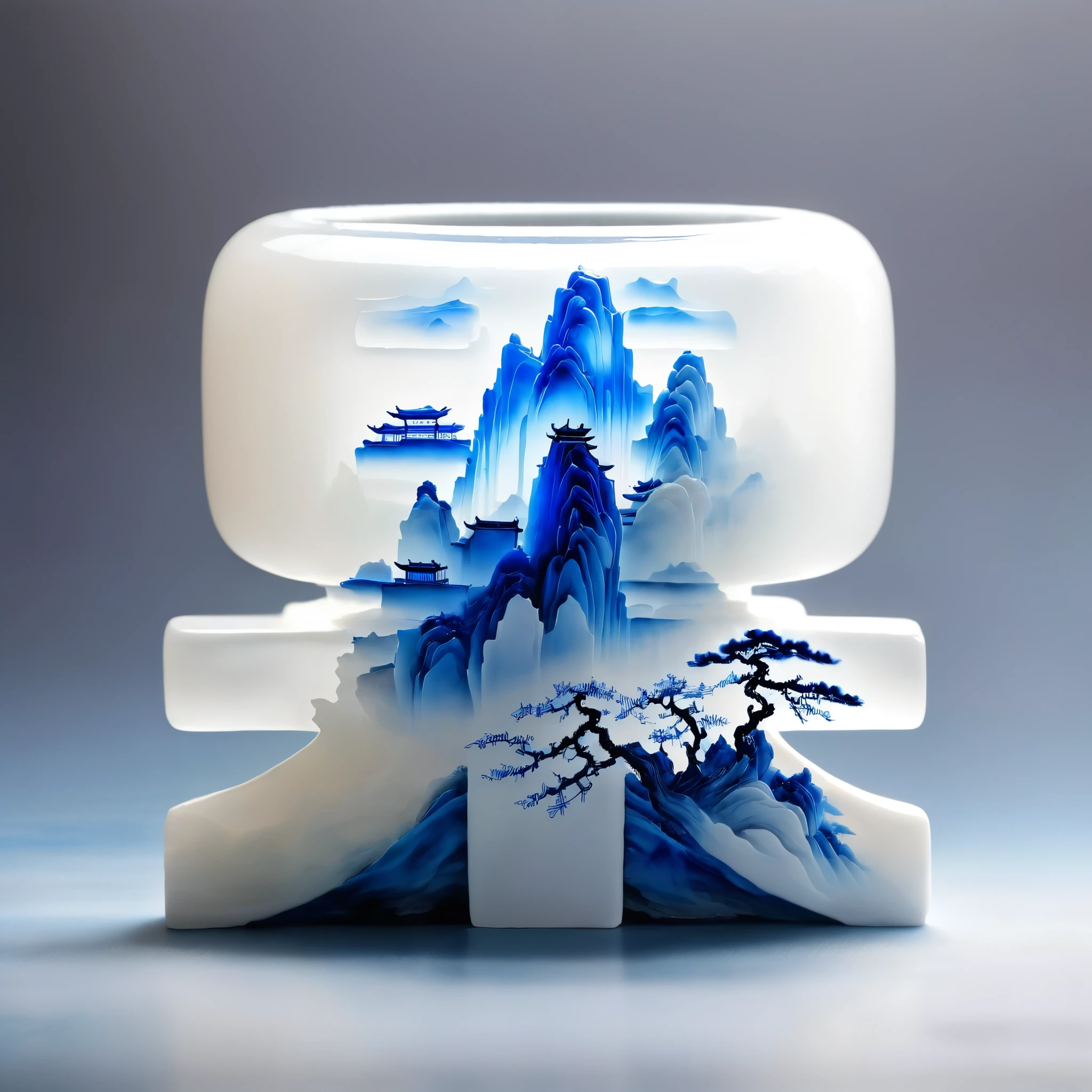 Micro landscape pattern carved on blue and white porcelain vase,Translucent glass material,Blue-white gradient,Traditional Chinese landscape painting,Abstract shapes,Minimalism,cave,3d。water vapor,White mist,Thick fog,