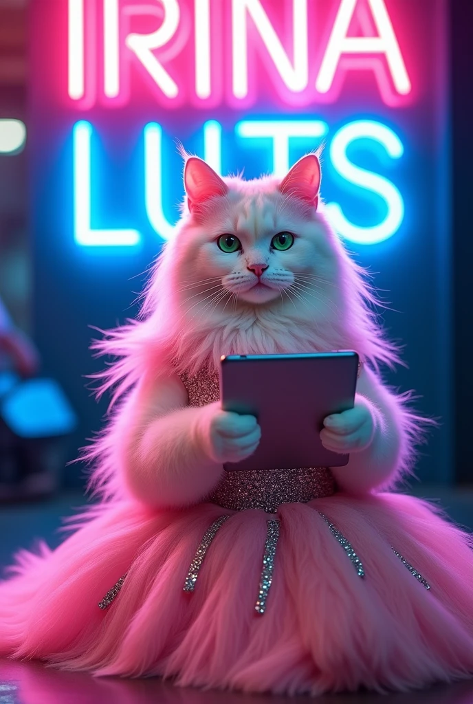 A very beautiful white cat in a fluffy pink dress is holding a tablet. The dress is covered in rhinestones. In the background, there is a neon sign that reads IRINA LUTS.