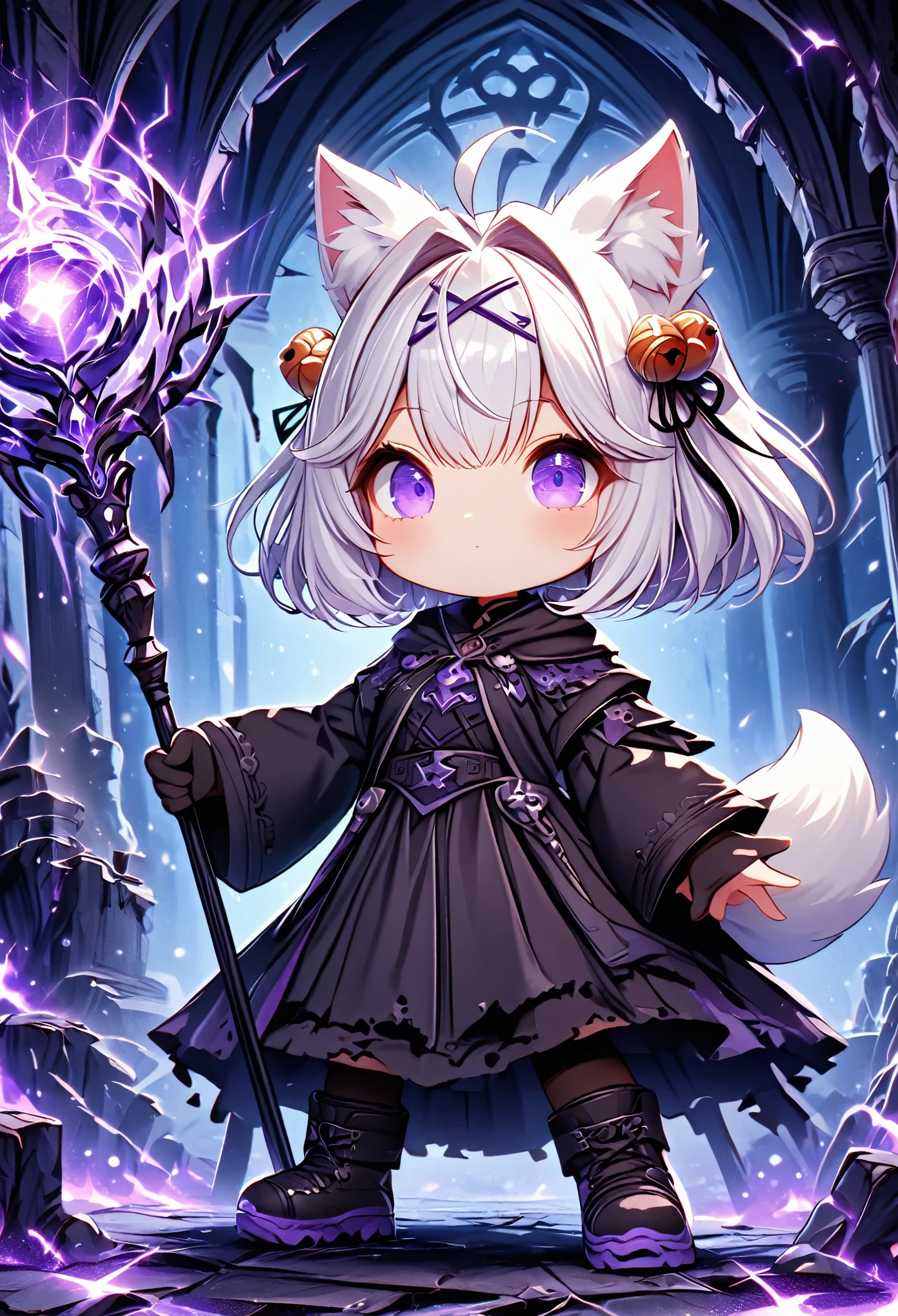 master piece, best quality, ultra-detailed, illustration, midnight, battlefield, gloomy atmosphere, broken castle, broken walls, ruins, purple flames, purple lightning, 1girl, solo, chibi, (big head), cute pose, front view, looking at viewer, ((full body Close up)), chubby, fat, filian, filianoverall, Filiansailor, ((white hair)) , short hair, shoulder length hair, fly-away hair, bangs, hairclip, purple hair ornament, cat ears, (hair bell:1.3) ahoge, purple eyes, closed mouth, smiling, (white fox tail), (black tattered robe), long gown, black arm sleeves, (black gloves) , wielding orbstaff, black stockings, black boots