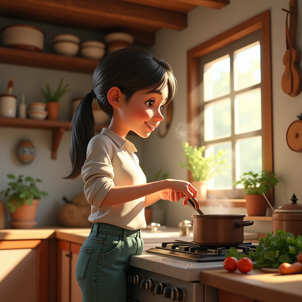 An 22 year old girl in a rustic kitchen making food animated ,3d render wearing trouser and shirt