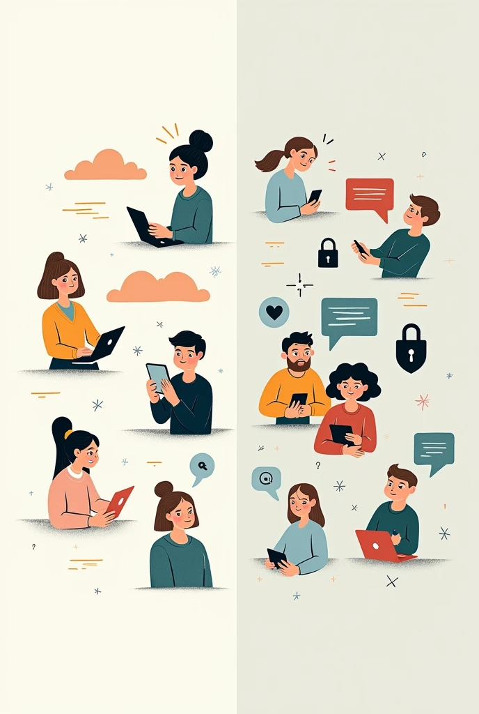 Poster about respecting privacy on social media,no words no letters,cartoons many aspects on privacy on social media make it minimalist and serious make it more understandable and more serious poster more people has a negative on the side and positive on the other side