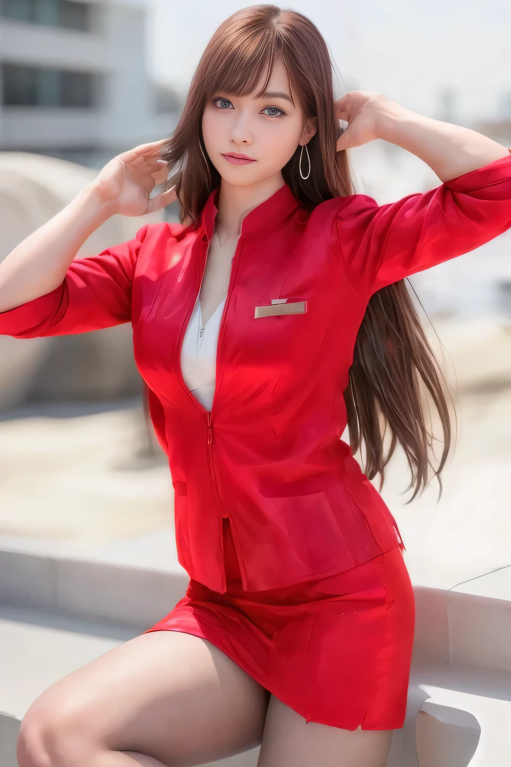 (Highest quality, masterpiece:1.2), (Realistic, photo Realistic:1.4),（AirAsia stewardess uniform realistic style）, A proper woman, Beautiful Face, Brown Hair, (Long hair down to the legs), (Red jacket, Unzipped jacket, Unbuttoned white shirt, Red mini skirt, pantyhose),（Showing big boobs through cleavage in unbuttoned white shirt）、Perfect slim body, Huge breasts, huge breasts cleavage, Detailed skin texture, Beautiful Eyes, (Attractive look), necklace、Earrings, On the roof of a building, Rooftop at daytime,Blue eyes、Keep your hands down、Super long hair down to the legs,Strong winds are blowing、Super long hair down to the legsを風になびかせる
