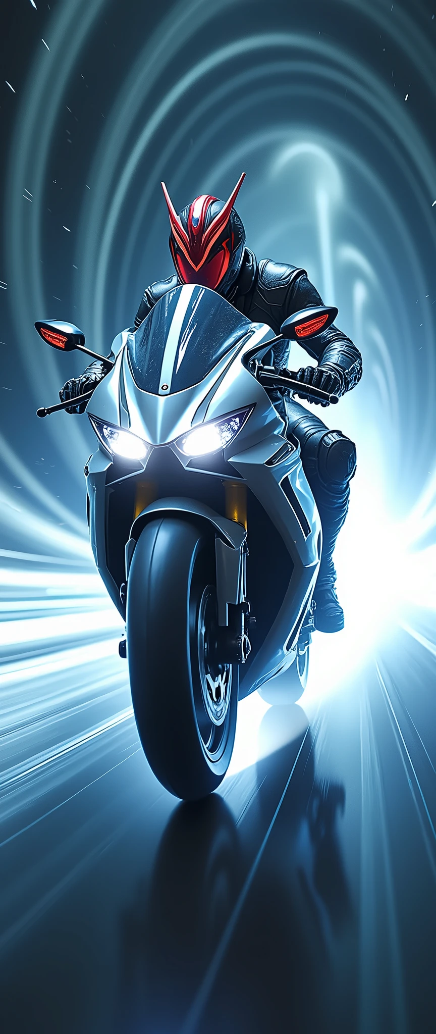 (masterpiece,8k,wallpaper),(Ray Tracing),(sf:2.0),(cyber punk:2.0),(Kamen Rider driving a futuristic sharp motorcycle:2.0),(Kamen Rider Kabuto style),(Camera footage from the front of the aircraft:2.0),(Warping motorcycle:2.0),(Expressing superluminal speed with a beautiful white line of light:2.0),(The background is a wormhole:2.0),(VFX:2.0,CG:2.0),(Motion Blur)