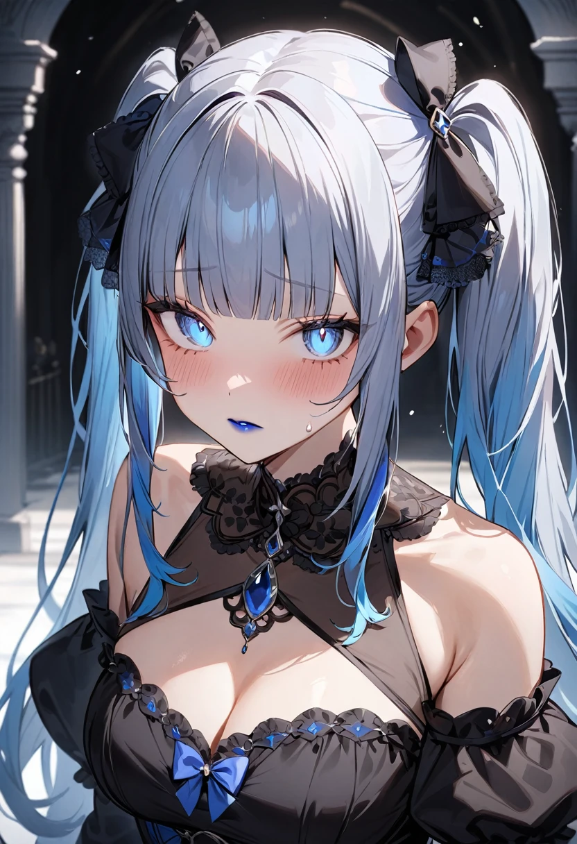 (masterpiece, top quality, very aesthetic, 4k、illustration), intricate detail, 1woman,solo,contrapposto 、(tareme)、Strong glowing eyes、blunt bangs,Fair skin,(upper body)、cold face、twintails、Cold Stare、(Blue lipstick),beautiful face、Blushing,(gradient hair)、multicolored hair,middle hair,sidelock ,blue eyes、Shoulderless gothic dress、medium breaster 、