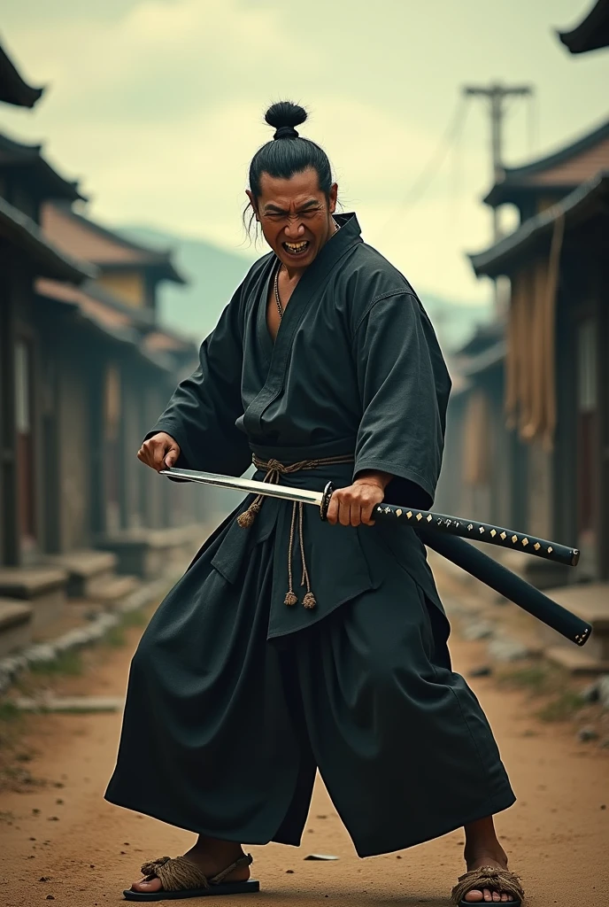 professional Black and white photography, full body, wide shot, samurai movie poster, A man swinging down a sword, holding a katana, a samurai, Miyamoto Musashi, samurai man vagabond, Ronin, Hakama and straw sandals, Japanese warrior, A murderous expression with clenched teeth, Yojimbo, Akira Kurosawa, background is Deserted Village, bokeh effect, depth of field, hyper Realistic, Professional photography, Cinema Lighting