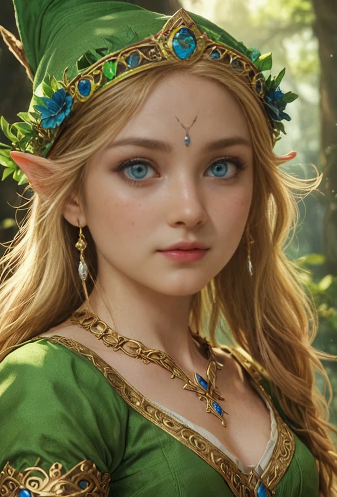 Princes Zelda, blue eyes, (best qualityer, ultra detail), (realisitic:1.37), beautiful and detailed face, ultra-realisitic texture, Exquisite face, Delicate body, red lipgloss stick, shiny colors. High definition, 8k.