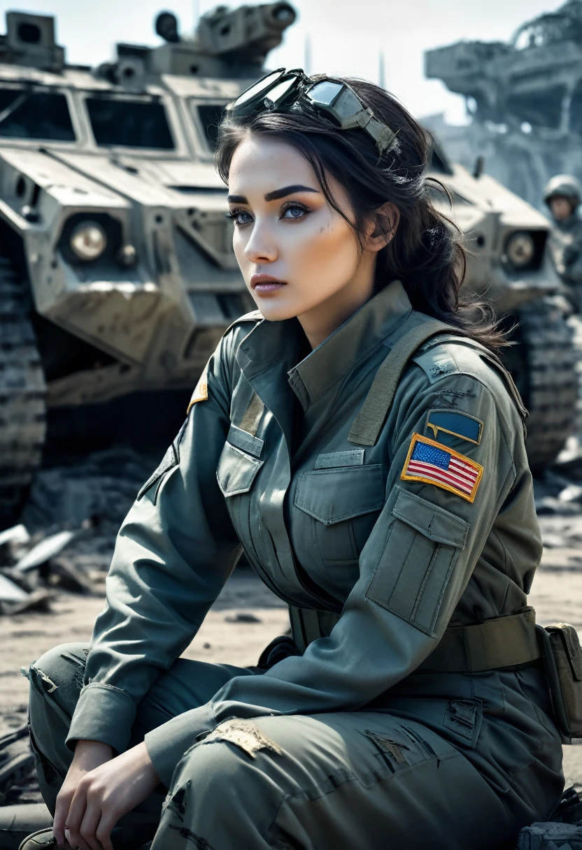 a mysterious and ghostly woman in a worn and torn uniform sitting near the remains of some military vehicles in a futuristic and dystopian scenario, the woman is framed in the foreground and with a very detailed face