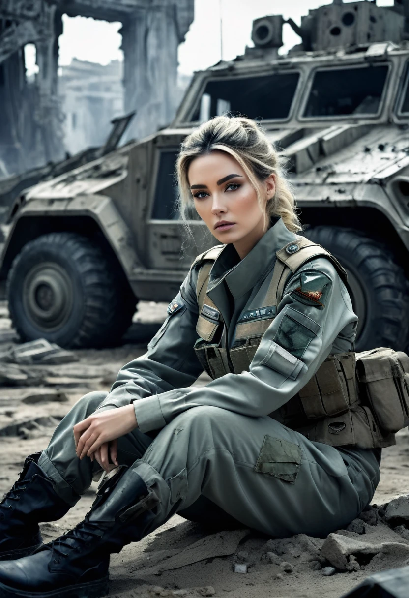 
a mysterious and ghostly woman in a worn and torn uniform sitting near the remains of some military vehicles in a futuristic and dystopian scenario, the woman is framed in the foreground and with a very detailed face