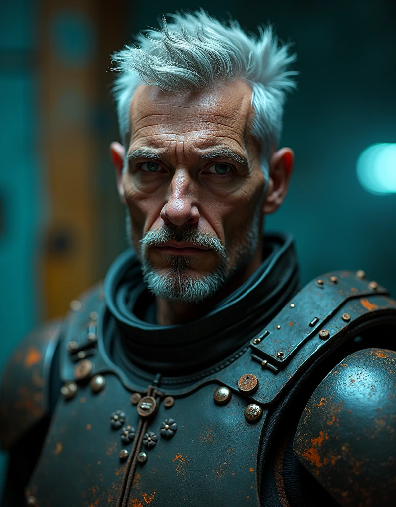 Cyberpunk photo, middle-aged man, cyborg, facial implants, muscular body, mechanical body, mechanical arms, mechanical skeleton, rusty armor, neon background, dark background, eye contact, looking at viewer, masterpiece, best quality, perfect detail , perfect face detail, perfect eye detail, perfect skin detail, depth of field, perfect lighting