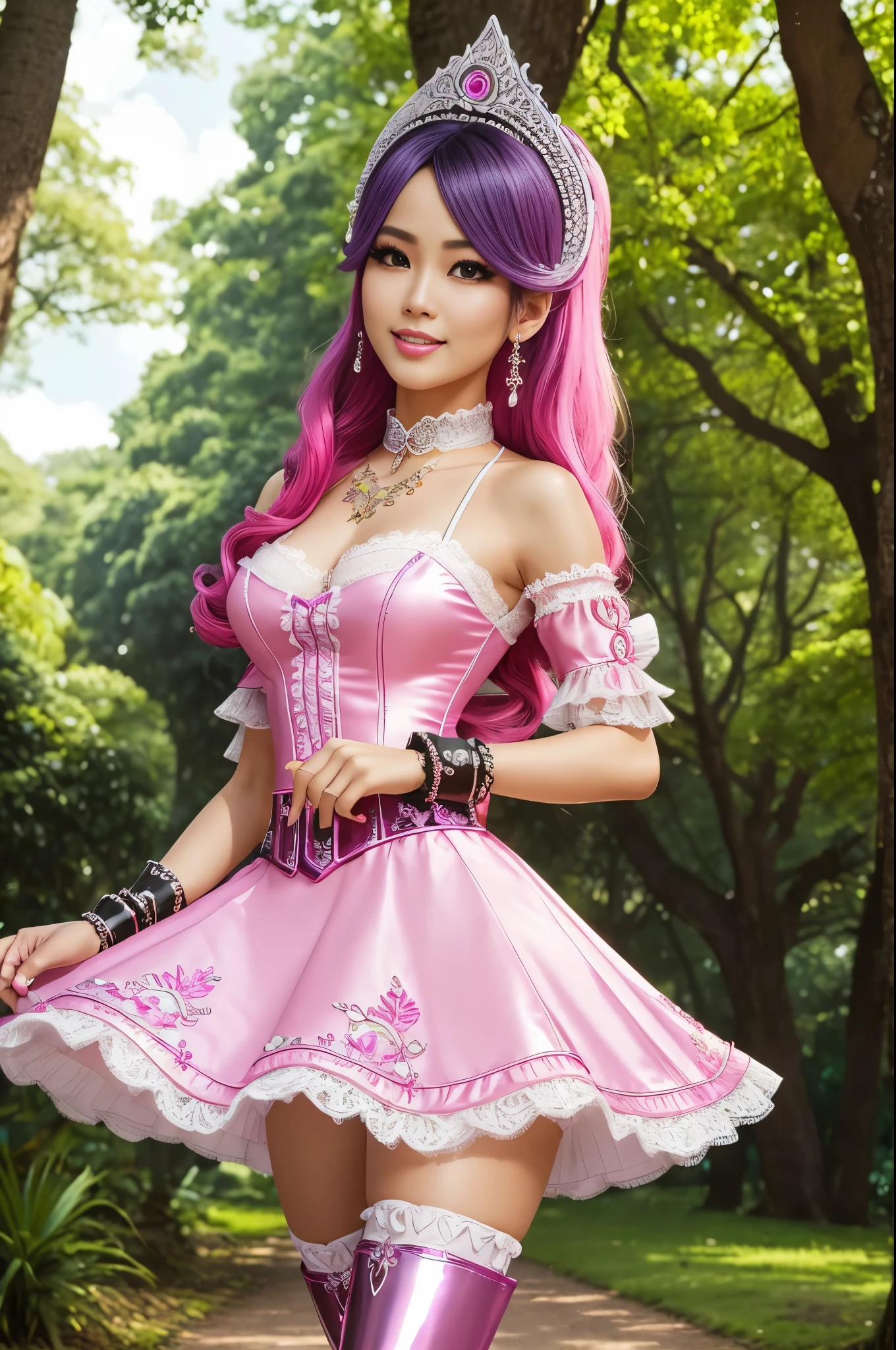 sexy stylish Thai model, only 1 female, long neon pink stylish hair, ((shiny Victorian-Style boots)), beautiful smile, ultra detailed eyes, vivid eye makeup, lipgloss, long lashes, defined eyebrows, ((sexy Paradise Kiss cosplay)), bell-shaped skirt, petticoats, high neckline, puffed sleeves, (( ultra detailed lace)), ((ultra detailed embroidery)), intricate details, Paradise Kiss accessoires and matching headpiece, choker, ((large sparkling Paradise Kiss jewelry)), cinematic light, detailed large park background with trees