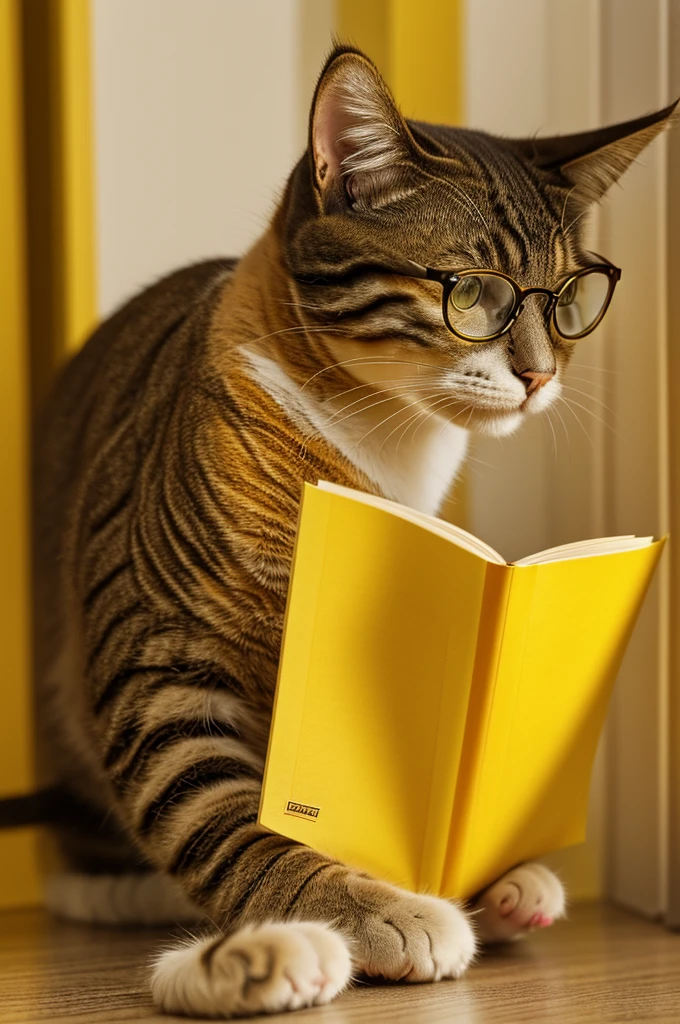 A surprised cat wearing glasses reading a yellow book  beautiful image 8k

