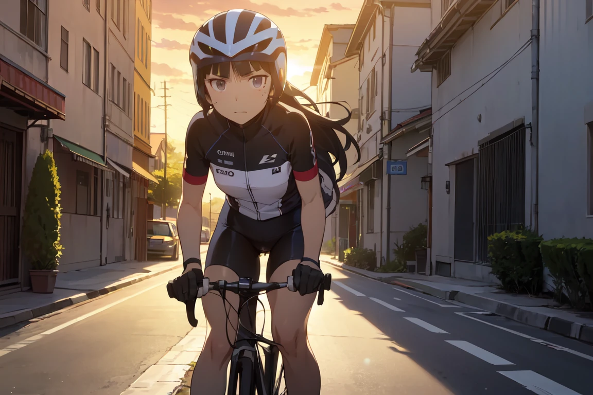ride a bicycle, (ruri gokou), woman, alone,Hime cut, Mole under the eye, ((aero cycling helmets)), Cycle pro team wear, sunset, Road race, Light and shadow, Intense sunset, dramatic, Beam of light, Backlight, cool, Hero Style