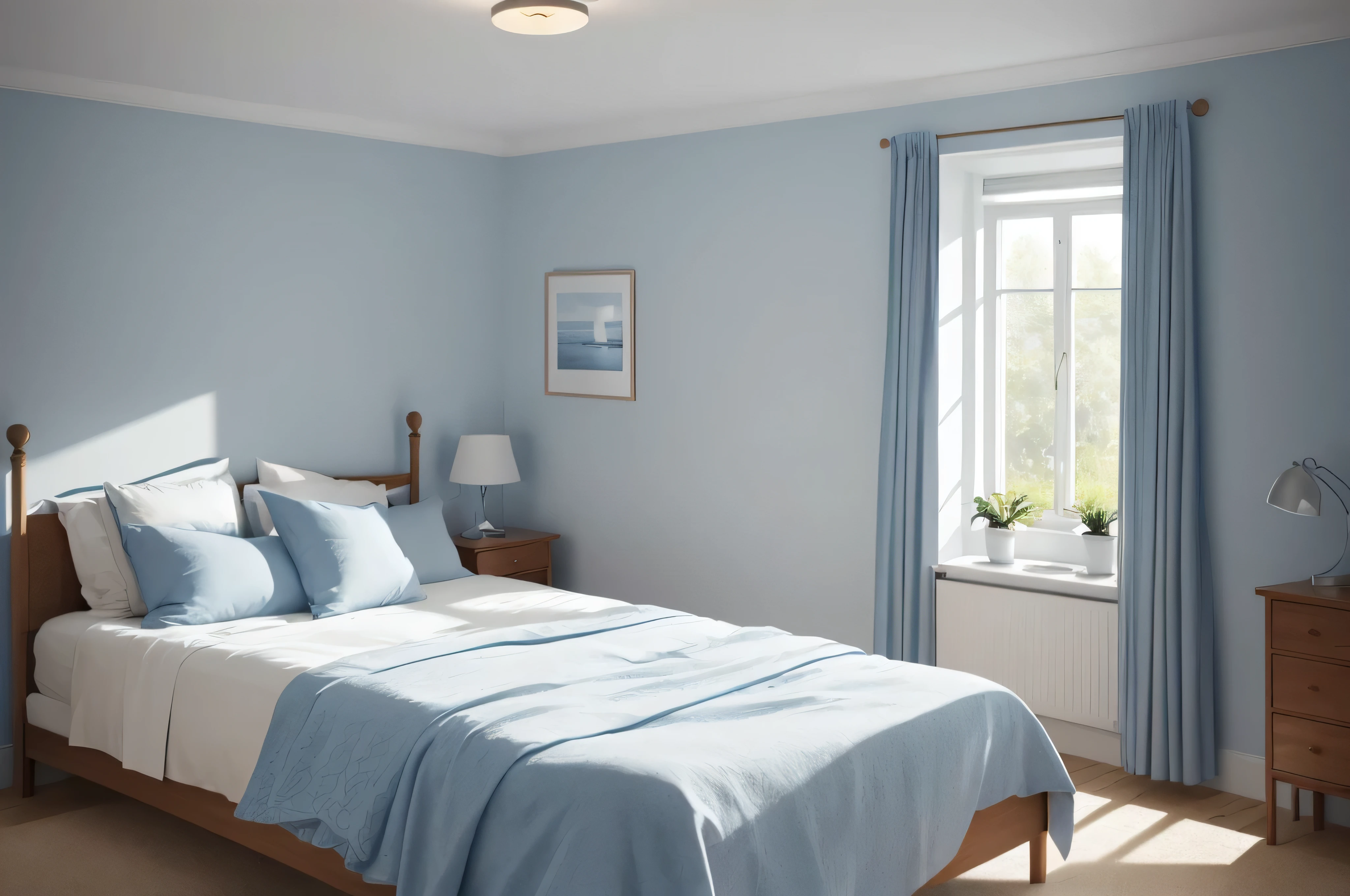 a bed sitting in a bedroom next to a window, a stock photo, shutterstock, light blue colors, realistic shaded lighting poster, scandinavian design, photo of a beautiful