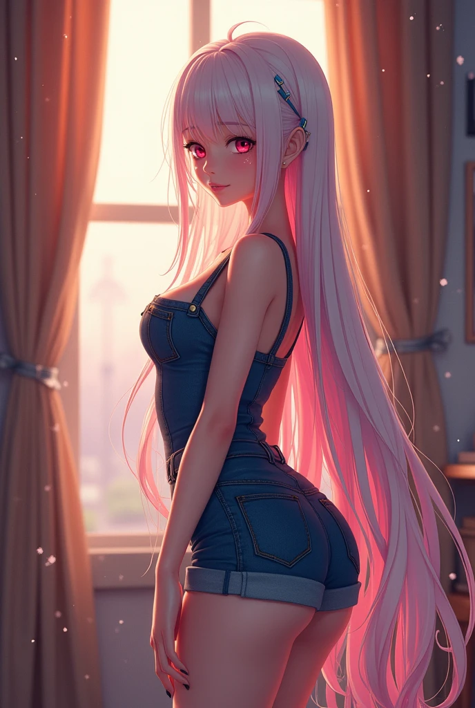 photorealistic,Realistic illustration in Modelshoot style,((masterpiece)),((The best quality)),((Ultra Quality)),((ultra detailed)),((1girl long white hair)),((Only)),((waifu:1.5)),Perfect anatomy,perfect hands,beautiful cuerpo,beautiful_method,ulzzang-6500-v1,e-chica,((Exceptionally Beauty Waifu Princess Tifa Lockhart)),blonde wavy hair, gradient hair, pink highlights in hair, big breasts, standing, makeup, glossy lips, full lips, (natural lighting), in room, night, cute denim short jumpsuit, shy smile, belly, collarbone, in love, cute gesture,((bright-pink_eyes)),long wavy hair, ((white hair)),hair clips,eyeliner,cute makeup,lipstick,Glossy lipstick,with a look of terror, worry and sadness,((eyes detallados perfectos)),rainy with fog outside,evening,pink theme,bioluminiscencia,light particles,((Extremely CG Unity 8K Wallpaper)),((cinematic lighting,Best quality lights)),intricate details,Suave,sharp focus,Extremely beautiful and aesthetic,Octane rendering,Full length portrait,damp skin,((Perfect detailed body)),