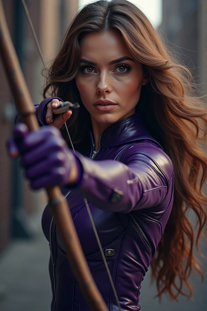 a female superhero with long brown hair, beautiful detailed eyes, beautiful detailed lips, extremely detailed face, long eyelashes, wearing a tight purple suit, holding a bow and arrow, solo shot, dynamic action pose, dramatic lighting, cinematic camera angle, mcu style, high quality, 8k, photorealistic, Sexy post