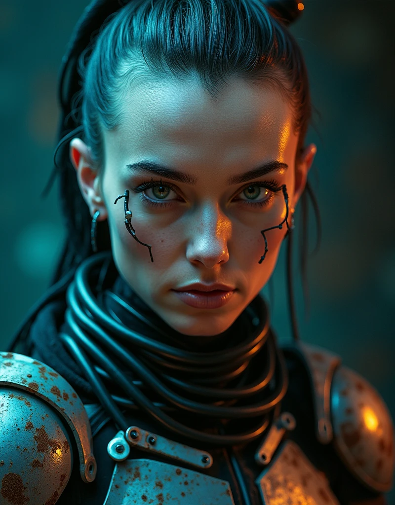 Cyberpunk photo, middle-aged women, cyborg, facial implants, muscular body, mechanical body, mechanical arms, mechanical skeleton, rusty armor, neon background, dark background, eye contact, looking at viewer, masterpiece, best quality, perfect detail , perfect face detail, perfect eye detail, perfect skin detail, depth of field, perfect lighting