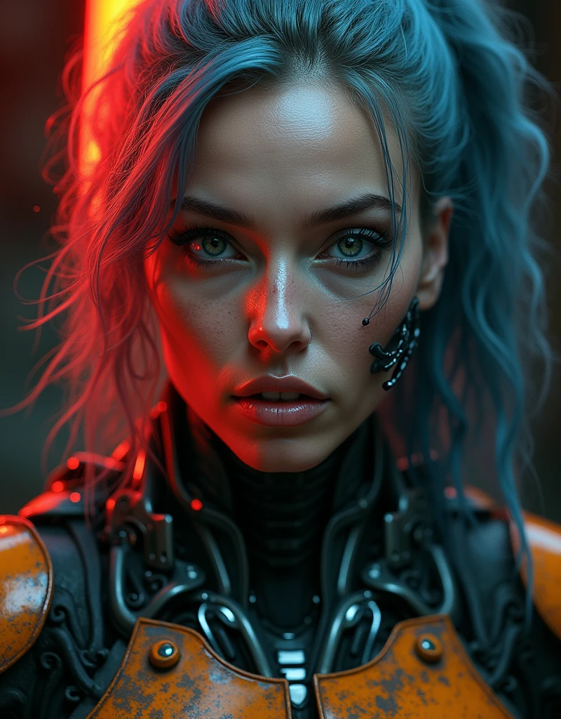 Cyberpunk photo, middle-aged women, cyborg, facial implants, muscular body, mechanical body, mechanical arms, mechanical skeleton, rusty armor, neon background, dark background, eye contact, looking at viewer, masterpiece, best quality, perfect detail , perfect face detail, perfect eye detail, perfect skin detail, depth of field, perfect lighting