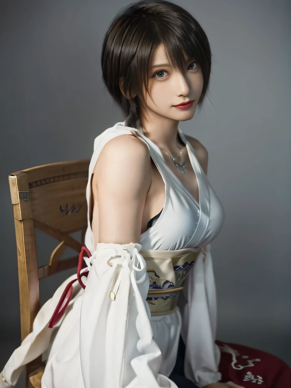 20 year old Japanese beauty,One person、Muscular body like a bodybuilder、Emphasize the breasts、Slit eyes、A head-to-toe view,Bust is very very large、The background is a medieval European kitchen、High quality photos、Clear, crisp images of the lower body、Masterpiece 8k、Smiling、Sitting on a chair and petting a cat.、From the front, from the side, from the back, etc.々from what camera angle to shoot、FF10 Yuna's outfit、Character Sheet、Character screen style