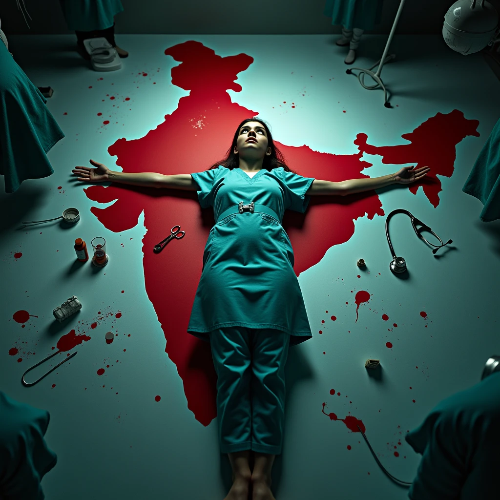 /Imagin Dead Indian doctor girl lying on the map of India. The map of India is made of blood and all the things are scattered on the floor of the operation theater and she has an esthethoscope around her neck.