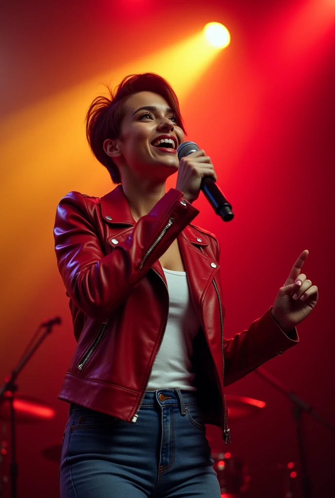 Beautiful woman short hair wearing sunglasses, red leather jacket and white shirt and jeans, singing on the stage, red and yellow spotlight, karaoke atmosphere 