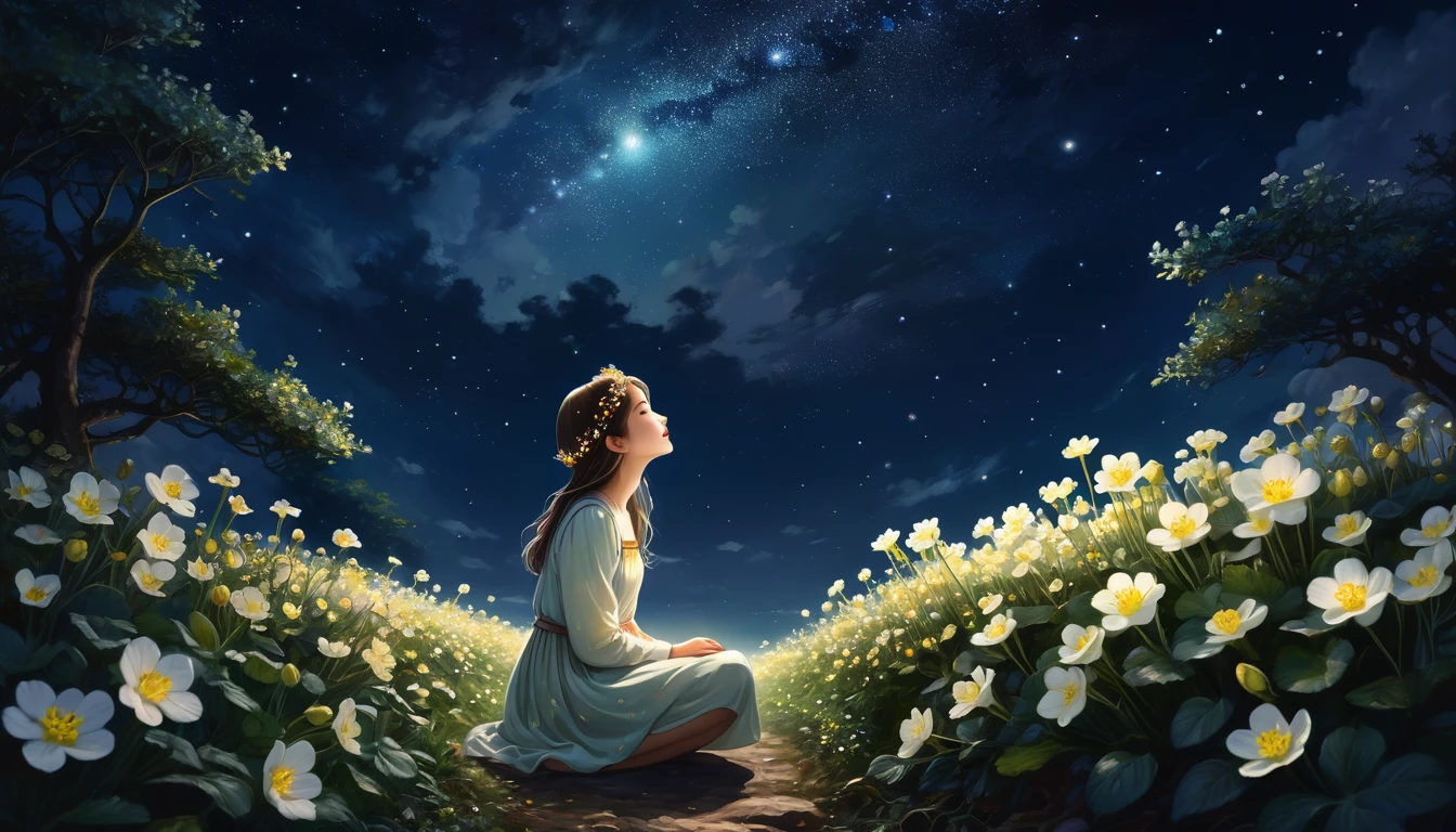 In the moonlight、A girl wearing a crown of evening primroses on her head、Looking up at the night sky。A group of evening primroses surround the girl.、A fantastic space spreads out。An illustration、Dreamy atmosphere