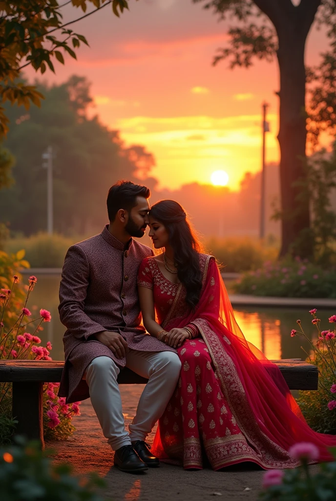 The image captures a deeply romantic scene of two Indian soulmates sitting closely on a wooden bench in a picturesque garden at sunset. The sky is a stunning canvas of vibrant oranges, pinks, and purples, casting a warm, golden light over the entire landscape. This radiant glow bathes the couple, highlighting their connection and making the moment feel almost magical.

The man wears a traditional kurta, while the woman is draped in a flowing saree that softly flutters in the gentle evening breeze. Their attire, rich in color and detail, adds to the beauty of the scene, blending harmoniously with the vibrant surroundings.

They sit close, shoulders brushing, as they share a quiet, intimate moment. The woman rests her head lightly on the man’s shoulder, their hands gently intertwined, symbolizing a deep, unbreakable bond. Their expressions are soft and content, reflecting a love that is both profound and enduring.

Around them, the garden is alive with color and life—flowers in full bloom, tall trees swaying gently, and the distant sound of birds singing their evening songs. A small pond nearby reflects the colors of the setting sun, adding a shimmering effect that enhances the romance of the scene.

This image is a perfect portrayal of love and togetherness, beautifully capturing the serenity and deep connection shared by these two soulmates in a moment of pure bliss.