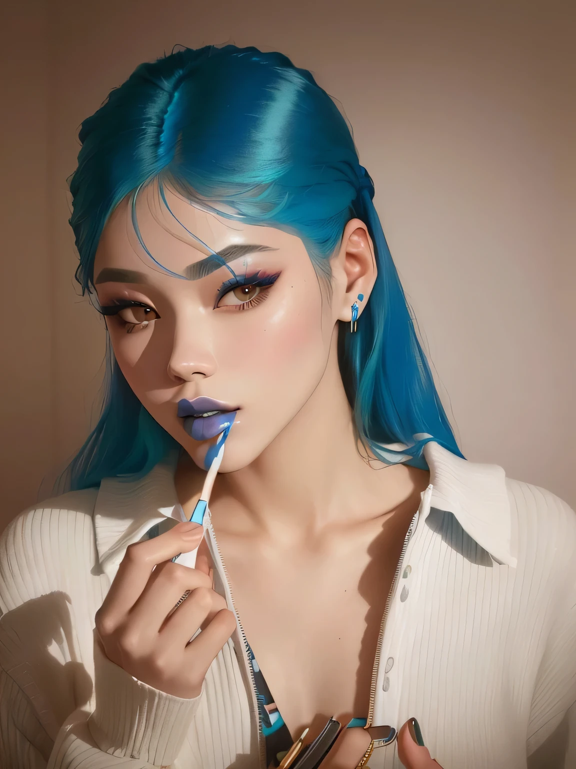 araffe with blue hair brushing her teeth with a toothbrush, blue lipstick, popular south korean makeup, sky blue straight hair, jossi of blackpink, roseanne park of blackpink, portrait of jossi of blackpink, turquoise hair, popular korean makeup, with blue hair, teal hair, inspired by Russell Dongjun Lu, straight sky blue hair, with long turquoise hair