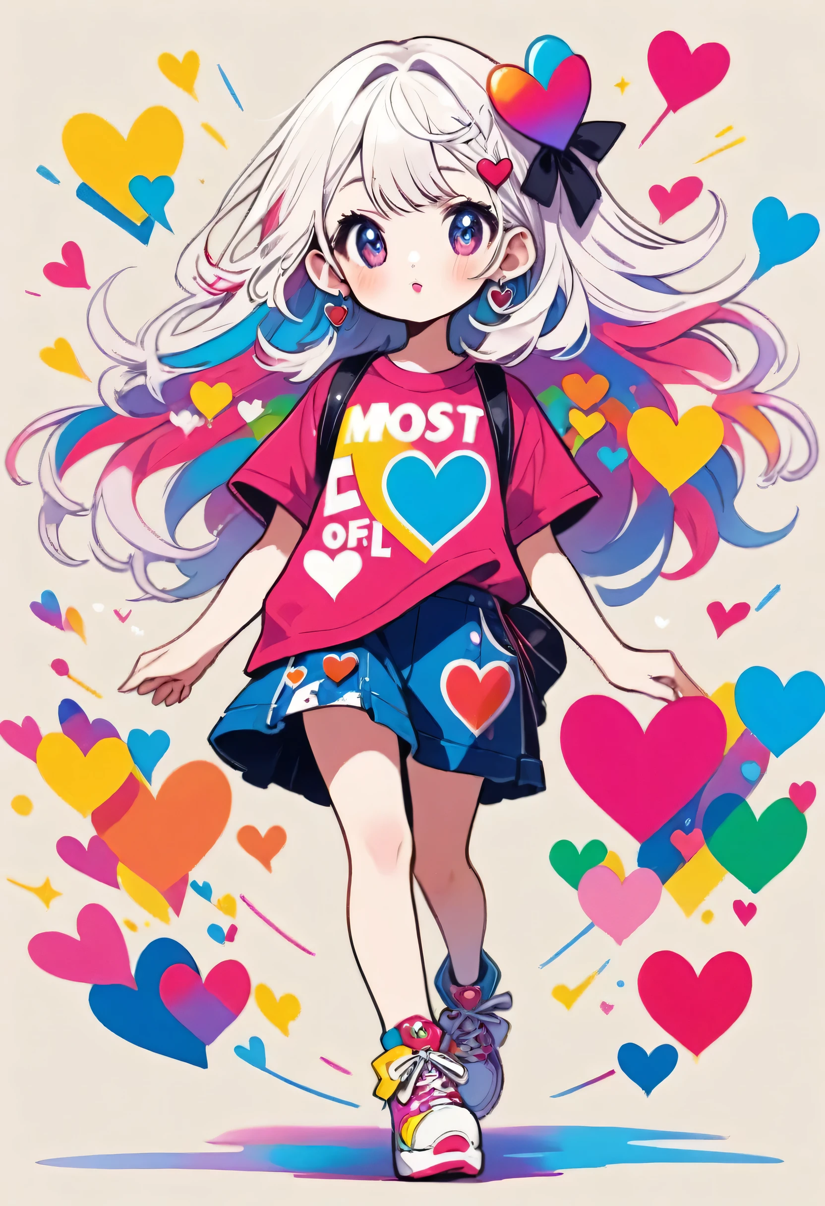 Ultra-realism Micho colorful style, Simple Line Initialism,Abstract art,(((The most beautiful girl of all time))), Sweet face. Lips in love, colorful hearts, stylish design, 夏のオシャレなTシャツ, 黒い瞳, walking, Paris