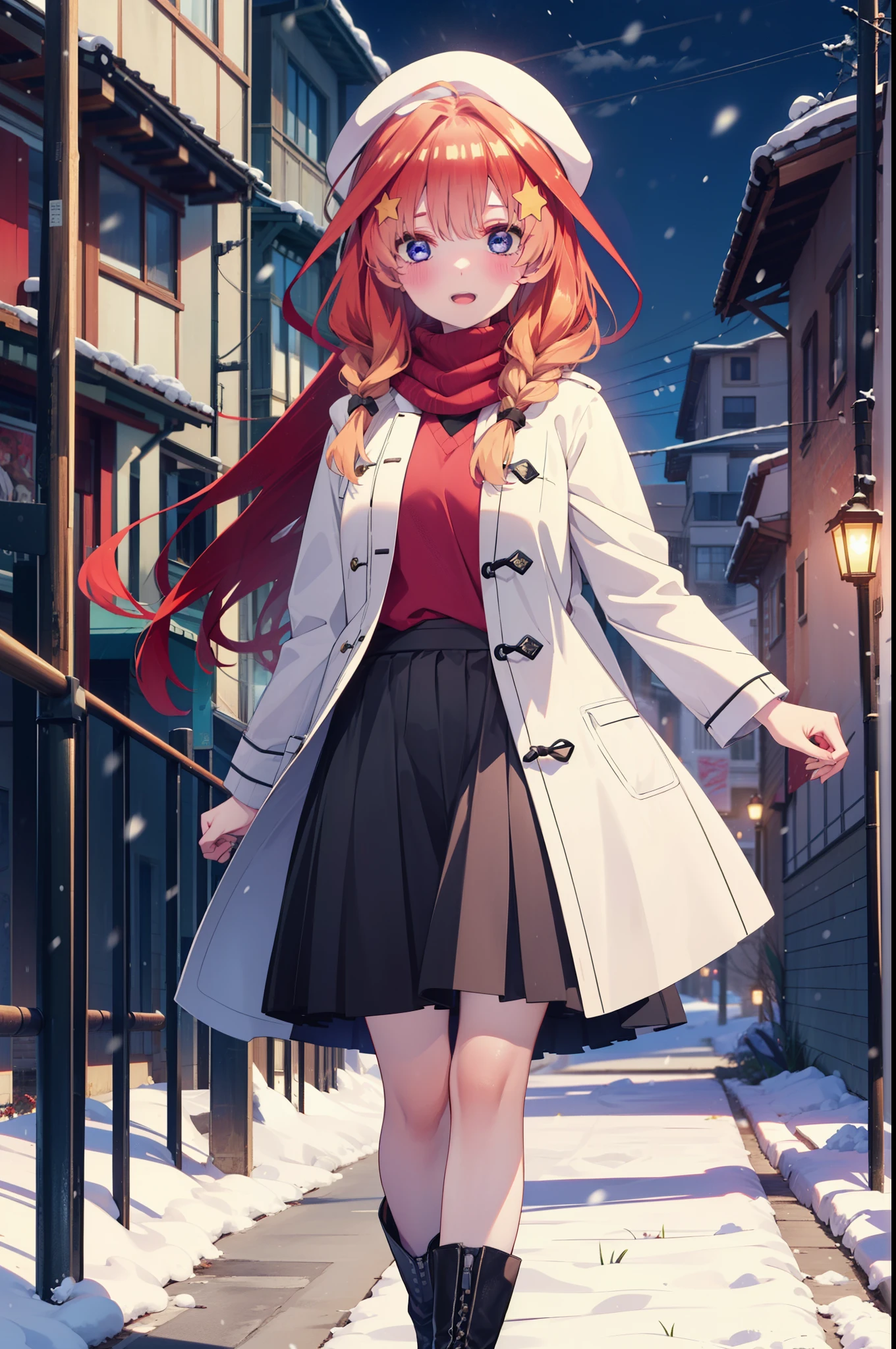 itsukinakano, Itsuki Nakano, bangs, blue eyes, Hair between the eyes, Ahoge, Redhead, star \(symbol\), hair ornaments, star hair ornaments,smile,Open your mouth,White Breath,blush,Long, thick braids,Knitted hat,White scarf,Red long coat,V-neck sweater,Black long skirt,Red pantyhose,short boots,snowが降っている,snowが積もっている,snow,snow,snow,snow,Walking,whole bodyがイラストに入るように,night,
break outdoors,Residential Street,
break looking at viewer, whole body,
break (masterpiece:1.2), Highest quality, High resolution, unity 8k wallpaper, (figure:0.8), (Beautiful attention to detail:1.6), Highly detailed face, Perfect lighting, Highly detailed CG, (Perfect hands, Perfect Anatomy),