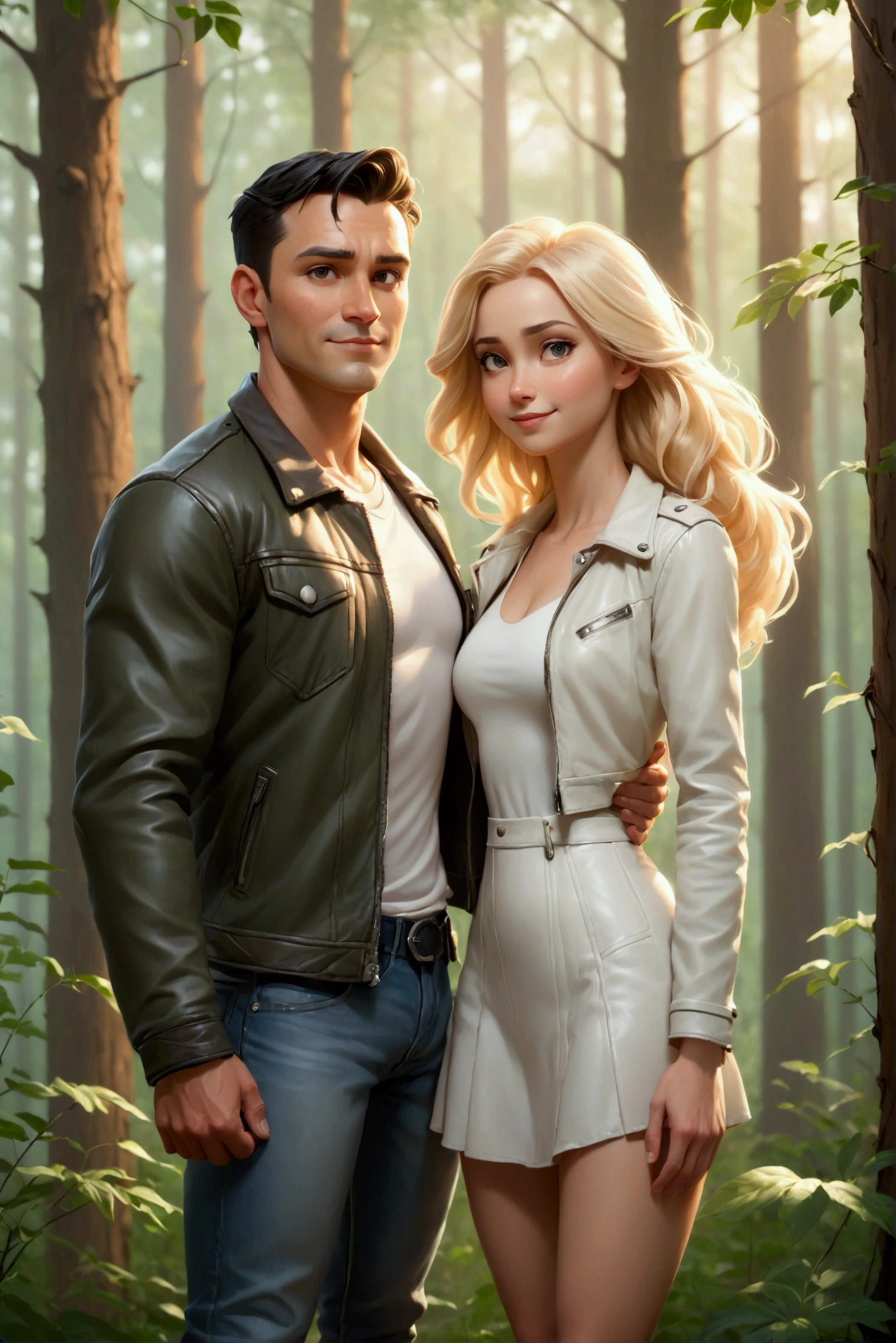 Forest at dawn, soft light, slight mist. Realistic style, highly detailed. Man and woman standing, holding hands. Man: tall, muscular, leather jacket, jeans, short dark hair, serious expression. Woman: slim, athletic, flowing white dress, long blonde hair, smiling gently. Detailed forest background, tall trees, morning light filtering through leaves. Warm, natural lighting. Medium shot, focus on faces and interaction. Emotion of calm and connection.