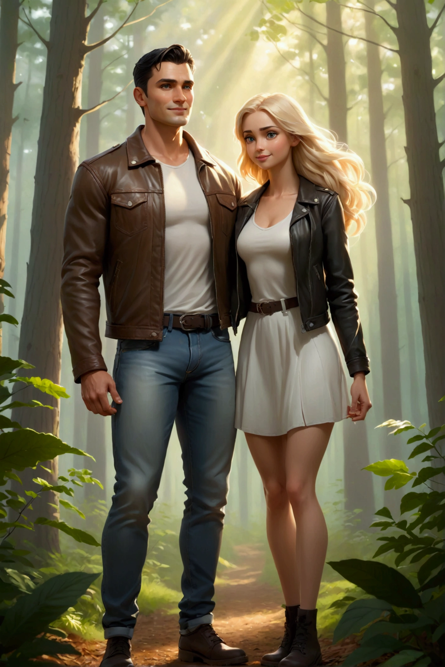 Forest at dawn, soft light, slight mist. Realistic style, highly detailed. Man and woman standing, holding hands. Man: tall, muscular, leather jacket, jeans, short dark hair, serious expression. Woman: slim, athletic, flowing white dress, long blonde hair, smiling gently. Detailed forest background, tall trees, morning light filtering through leaves. Warm, natural lighting. Medium shot, focus on faces and interaction. Emotion of calm and connection.